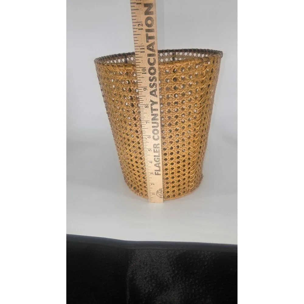 Vintage Woven Cane Wastebasket Boho Rattan Planter Cover Mid Century Modern 10in